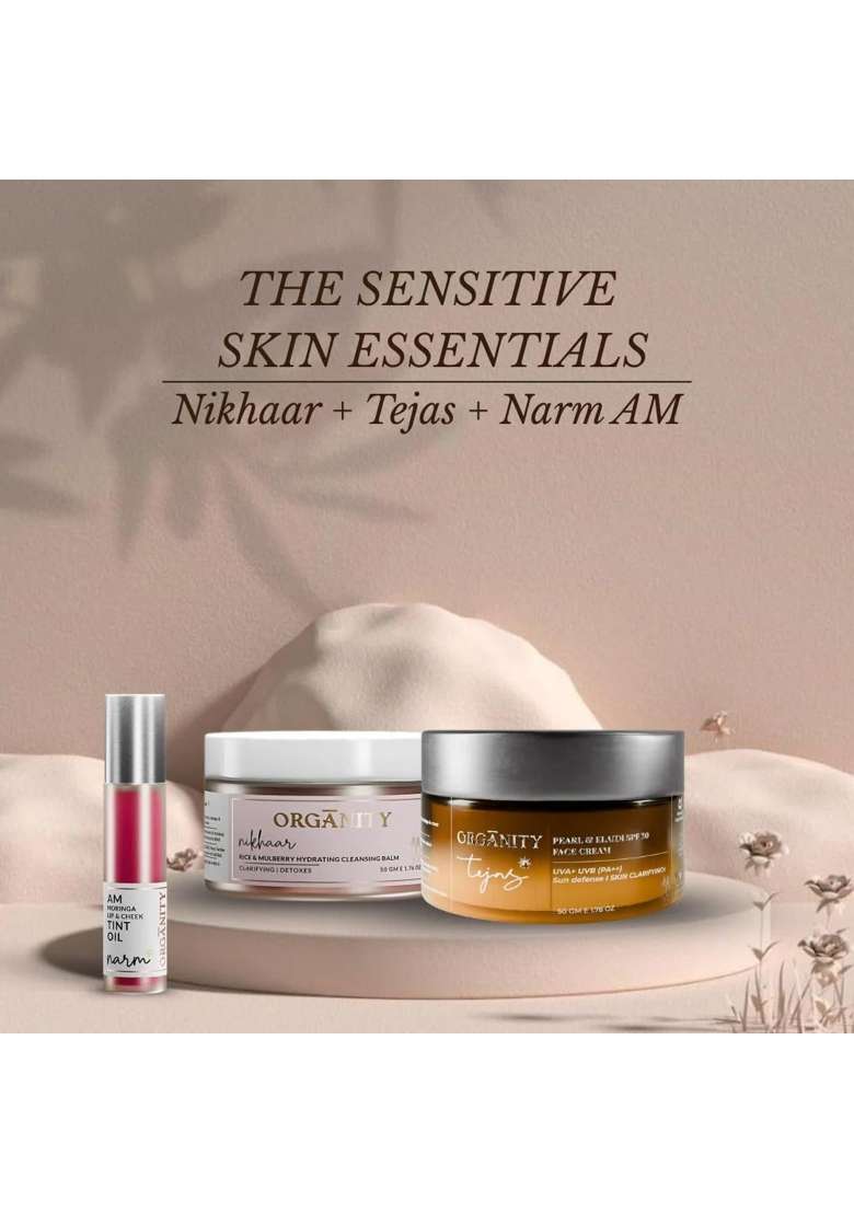 Organity Sensitive Skin Essentials Set Hydrating Cleansing Balm Pearl Face Cream SPF 30 Moringa Lip Tint - Indya
