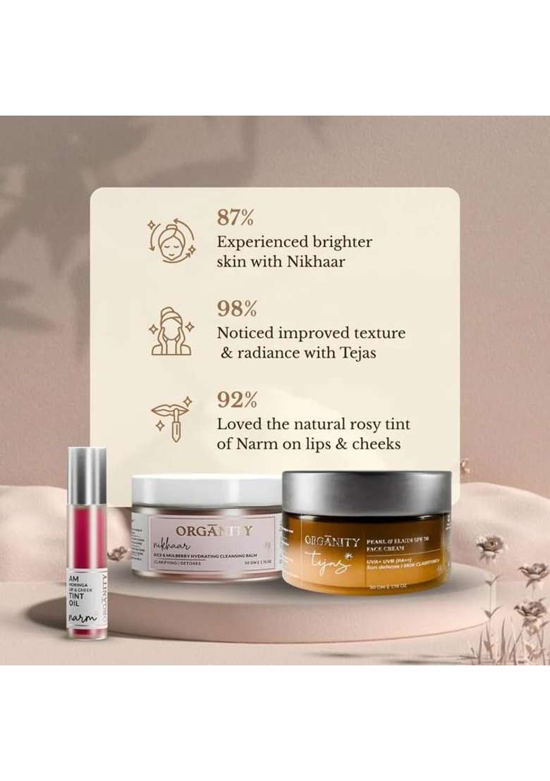 Organity Sensitive Skin Essentials Set Hydrating Cleansing Balm Pearl Face Cream SPF 30 Moringa Lip Tint - Indya