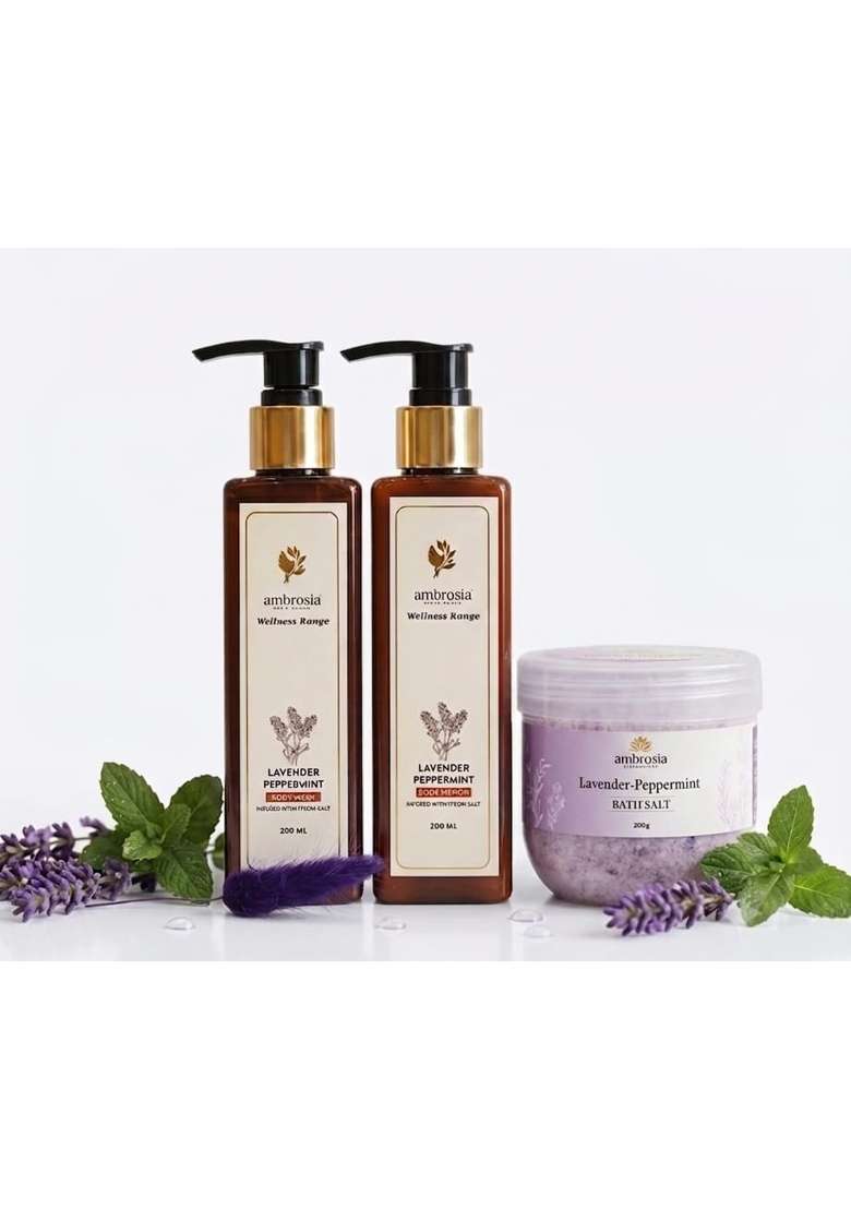 Ambrosia Lavender Peppermint Wellness Combo Loaded with Epsom Salt Body Wash Body Lotion and Bath Salt Set - Indya