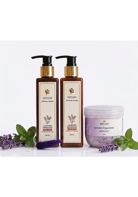 Ambrosia Lavender Peppermint Wellness Combo Loaded with Epsom Salt Body Wash Body Lotion and Bath Salt Set
