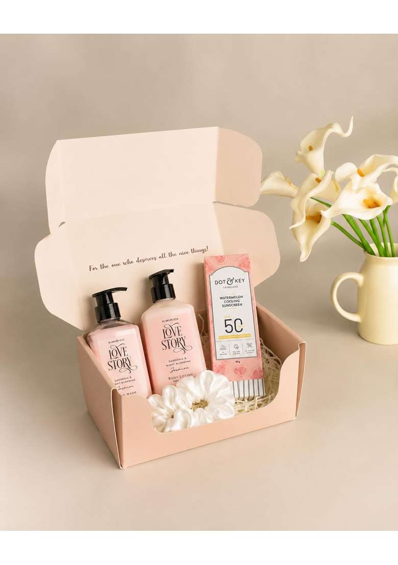 The Knot Company Premium Skincare Gift Hamper for Women Love Story Sunscreen and Scrunchies - Indya
