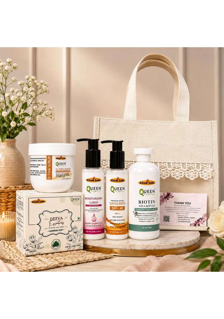 Queen Temple Khadi India Beauty and Self Care Gift Hamper for Women and Men D Tan Scrub Handmade Soap - Indya