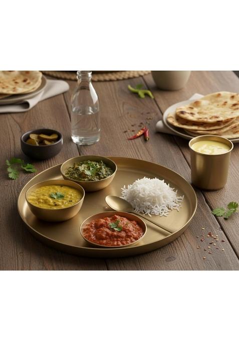 KLEO Kansa Dinner Set Bronze Thali 1 Plate 2 Bowls 1 Glass 1 Spoon and 1 Sweet Dish Plate Set of 6