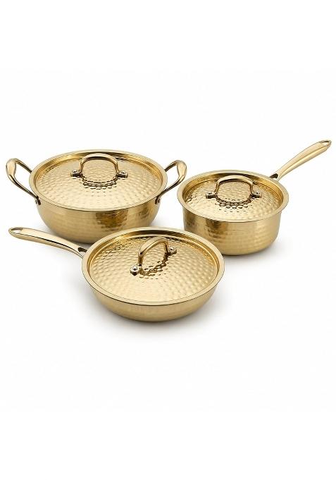 Shiv Shakti Arts Yellow Brass Cookware with Lids 1 and Half L Fry Pan Set of 3