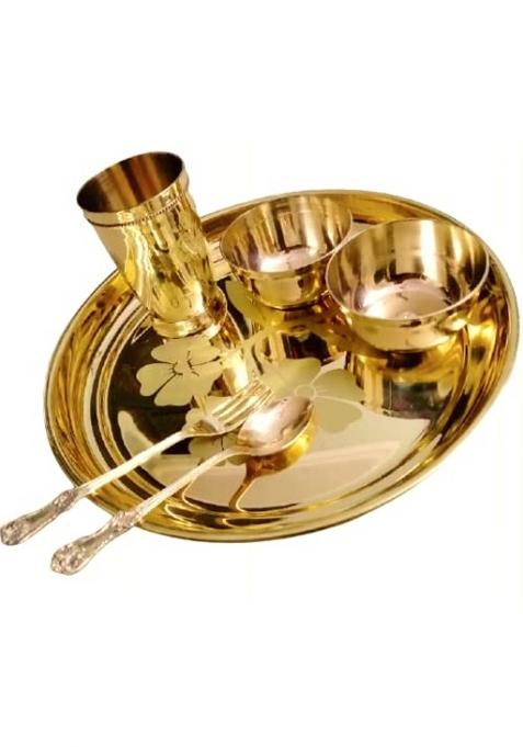 M and V Craft PURE Brass Lesar Design Thali Set Pack Pieces Yellow