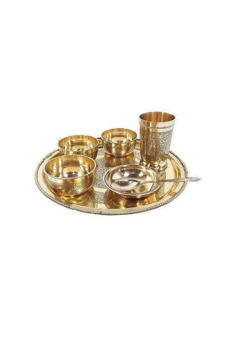M and V Craft PURE Yellow Brass Luxury Floral Dinner Set Pieces Best for Your Home and Gift Purpose Set of 7