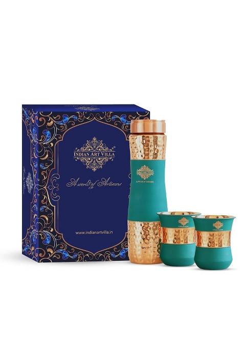 Indian ART Villa Copper Drinkware in Green Silk Finish Glass and 1 Bottle Volume Glass 300 ML Set of 2