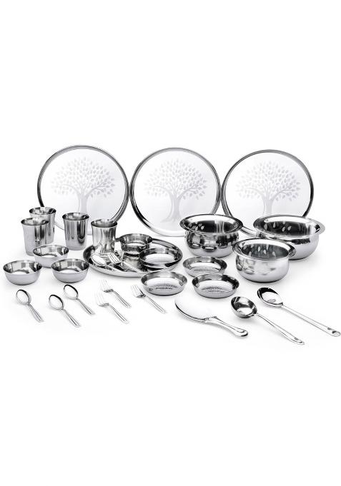 Limetro Steel Stainless Steel Dinner Set for 4 Persons Complete Indian Thali Set with Plates Set of 33