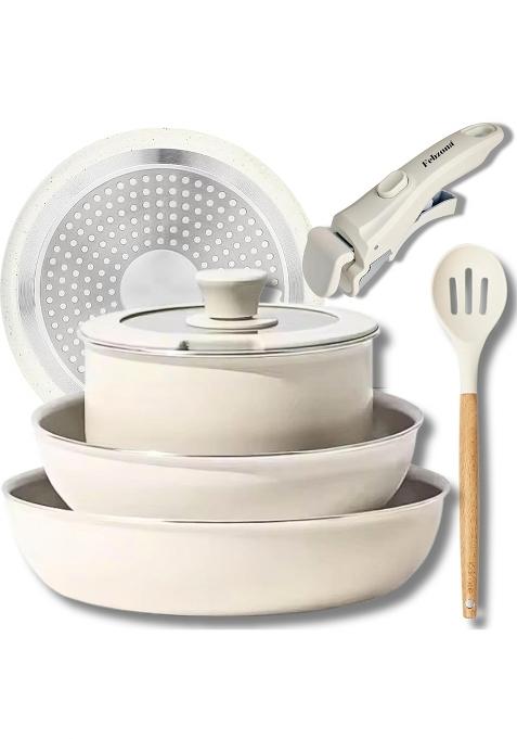 Febzona 6 Pcs Pots and Pans Non Stick Cookware Combo Set Induction Ready with Detachable Handle