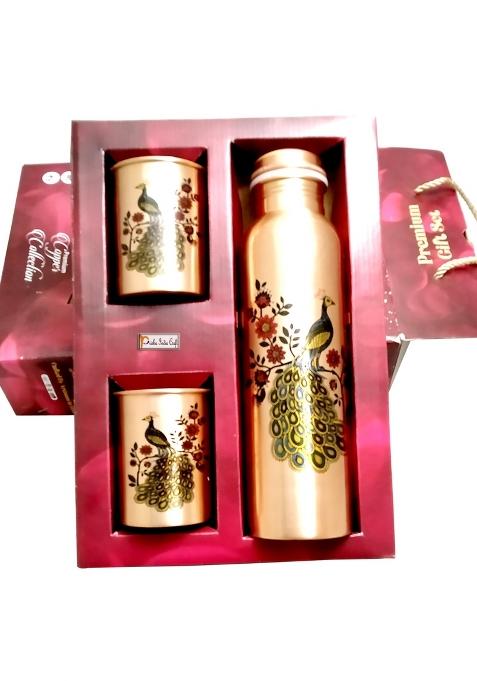 Prisha India Craft Gift Set Pure Classic Copper Water Bottle 900ML Plus Copper Glass 300ML Each Pack of 2