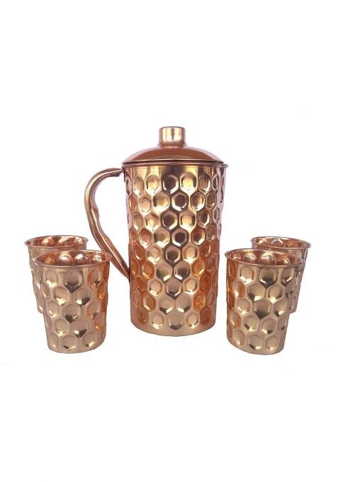 Rastogi Handicrafts Pure Copper Water Jug Pitcher Utensil 1500 ML and 300 ML Glass Diamond Cut Shape Drink