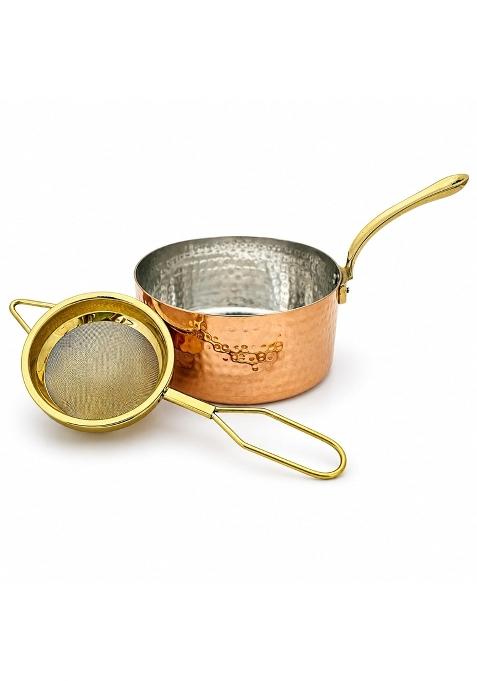 Shiv Shakti Arts Copper Saucepan 1 Point 1 Litre with Inside Tin Kalai Lining and Brass Tea Strainer