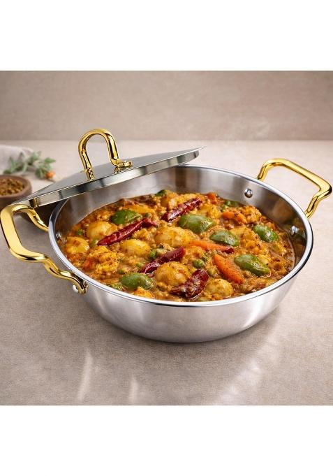 Solara Montclaire Premium Triply Stainless Steel Kadai Kadhai for Cooking with Golden Handles and Steel Lid