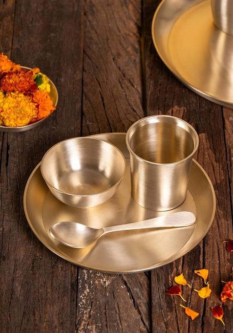 Mittified Pure Kansa Dinner Set 4 Pieces Bronze Thali Set 8 Inch Plate 1 Bowl 1 Glass 1 Spoon
