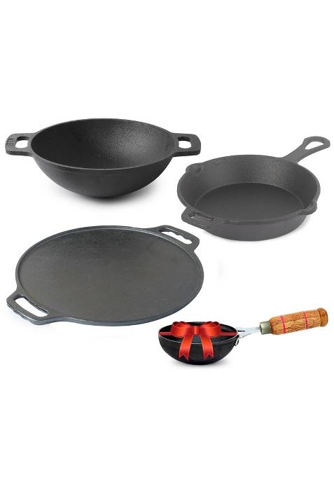 The Indus Valley Black Pre Seasoned Cast Iron Cookware Set Plus Free Tadka Pan Set of 4