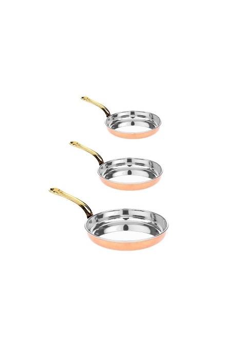 Heritage India Copper Steel Fry Pan with Brass Handle for Hotel and House Ware Utensils for Serving Set of 3