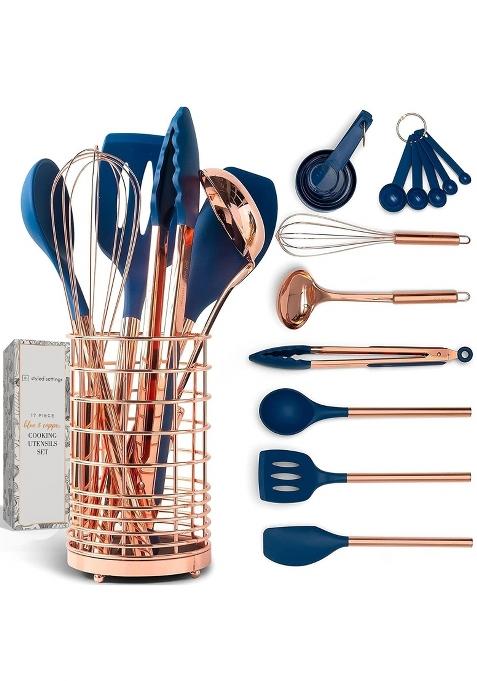 Styled Settings Copper and Blue Silicone Cooking Utensils Set