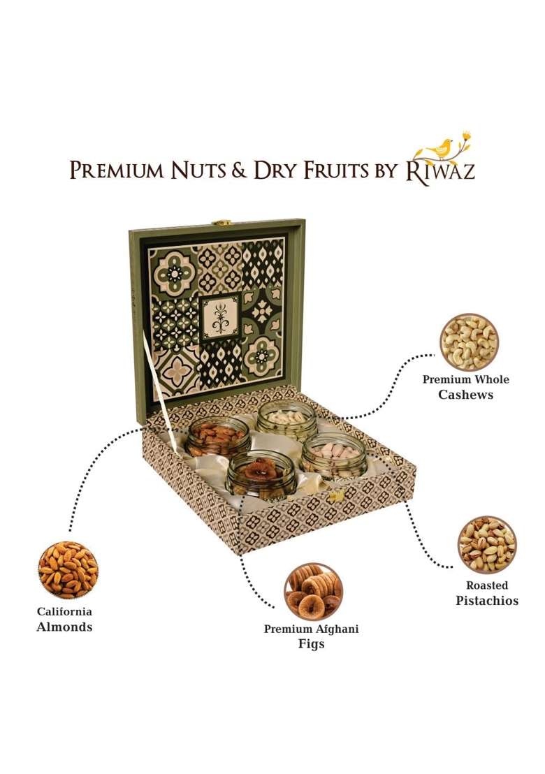 Riwaz Luxury Rajwada Dry Fruits Gift Box 4 Salsa Jars with Almonds Cashews Pistachios and Figs - Indya