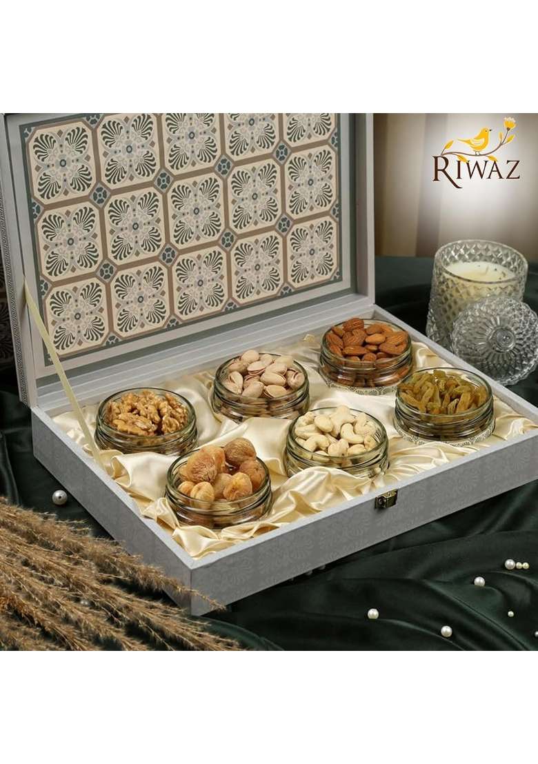 Riwaz Luxury Square Design Dry Fruit Gift Box Premium Hamper with 6 Airtight Jars of Almonds Cashews - Indya