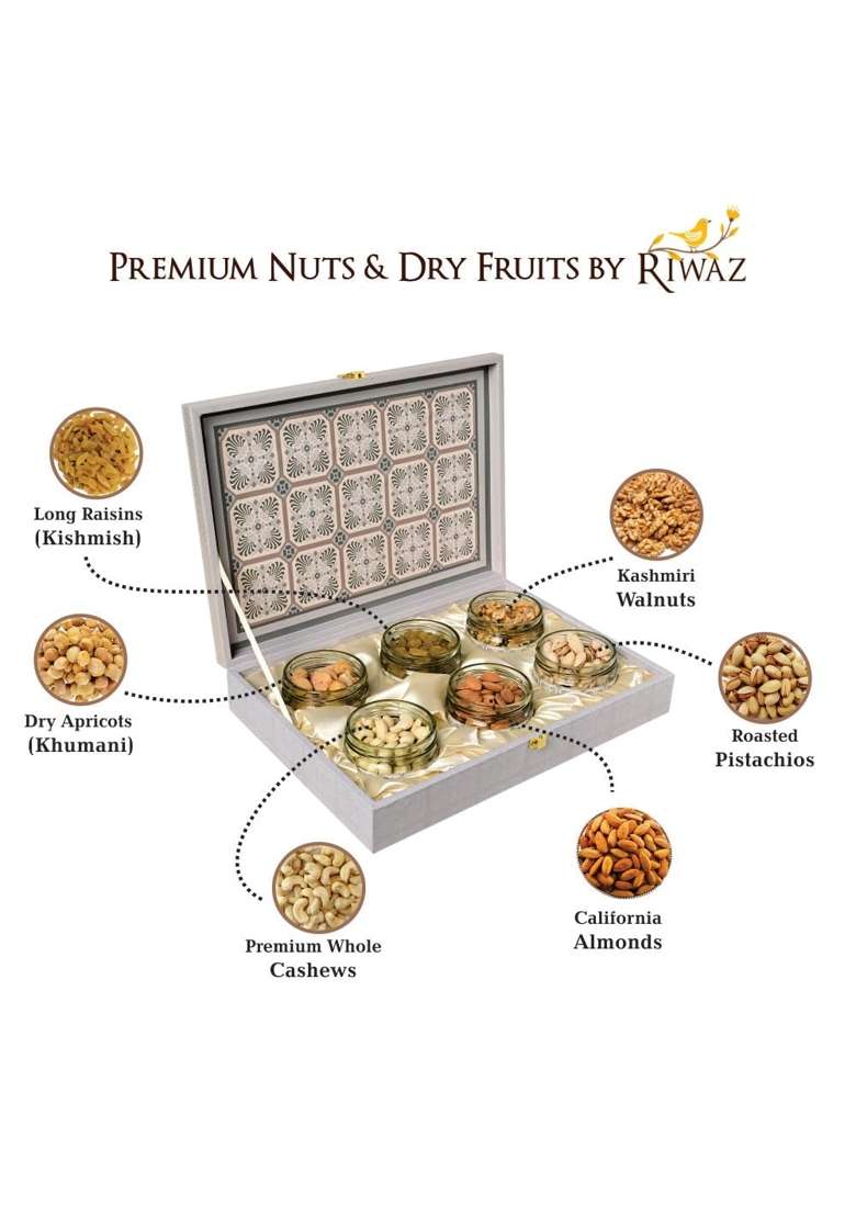Riwaz Luxury Square Design Dry Fruit Gift Box Premium Hamper with 6 Airtight Jars of Almonds Cashews - Indya