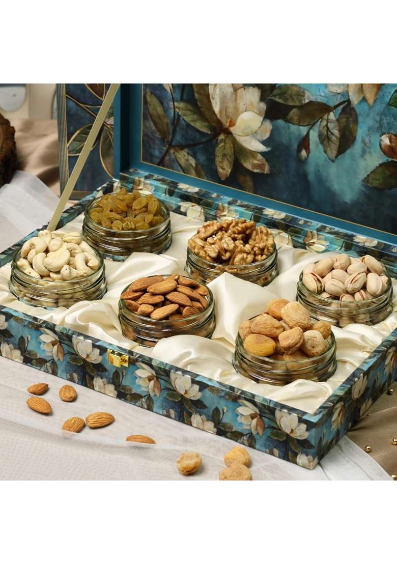 Sonature Blue Flowers Design Dry Fruit Premium Gift Box Premium Gift Hamper Pack of 4 - Indya