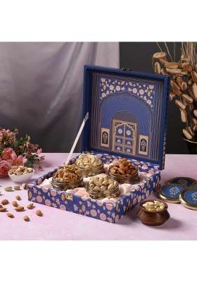 Riwaz Premium Blue Darwaja Dry Fruits Gift Box Elegant Jars of Almonds Cashews Pistachios Walnuts