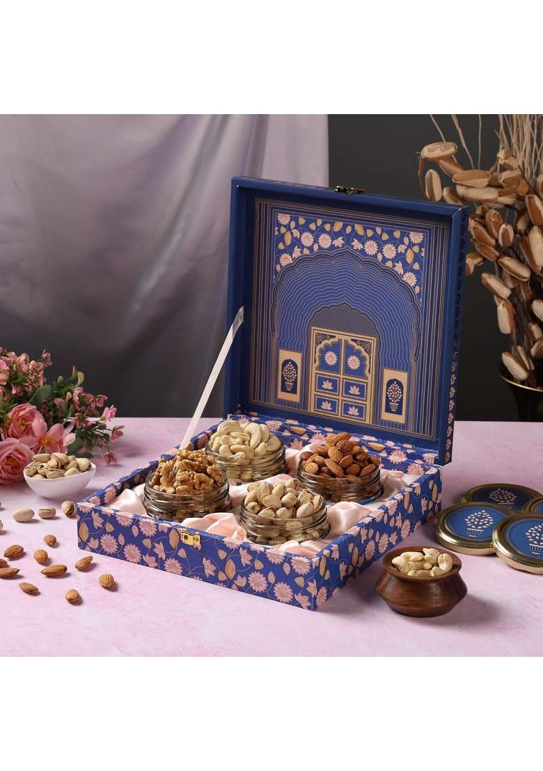 Riwaz Premium Blue Darwaja Dry Fruits Gift Box Elegant Jars of Almonds Cashews Pistachios Walnuts - Indya
