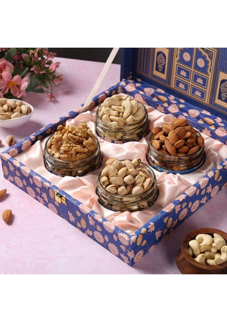 Riwaz Premium Blue Darwaja Dry Fruits Gift Box Elegant Jars of Almonds Cashews Pistachios Walnuts - Indya