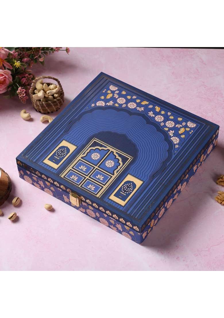 Riwaz Premium Blue Darwaja Dry Fruits Gift Box Elegant Jars of Almonds Cashews Pistachios Walnuts - Indya