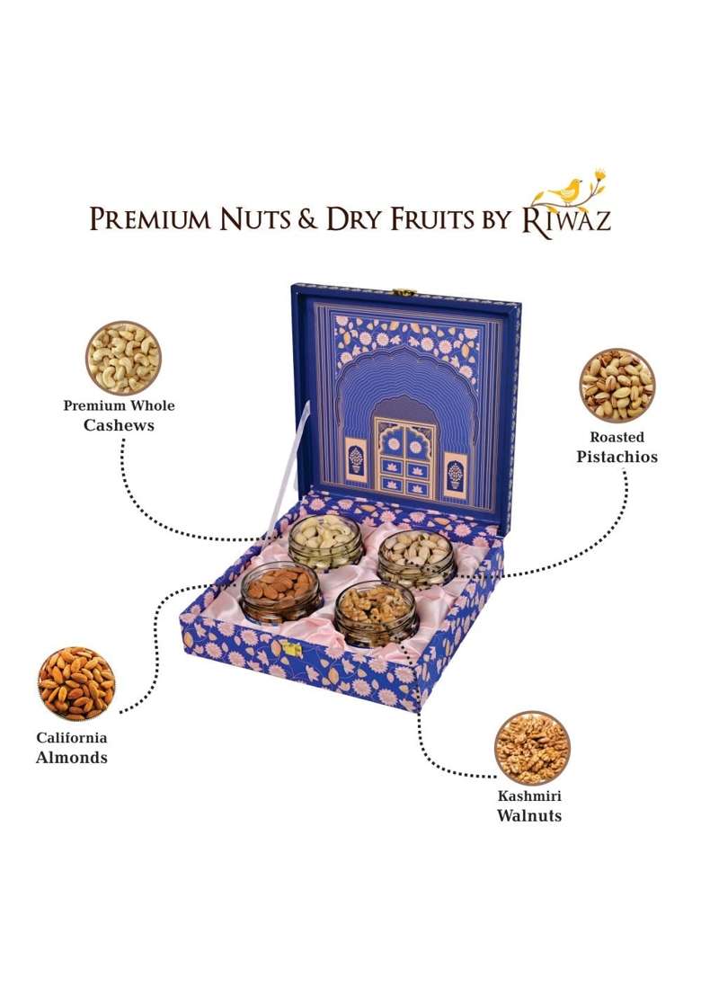 Riwaz Premium Blue Darwaja Dry Fruits Gift Box Elegant Jars of Almonds Cashews Pistachios Walnuts - Indya
