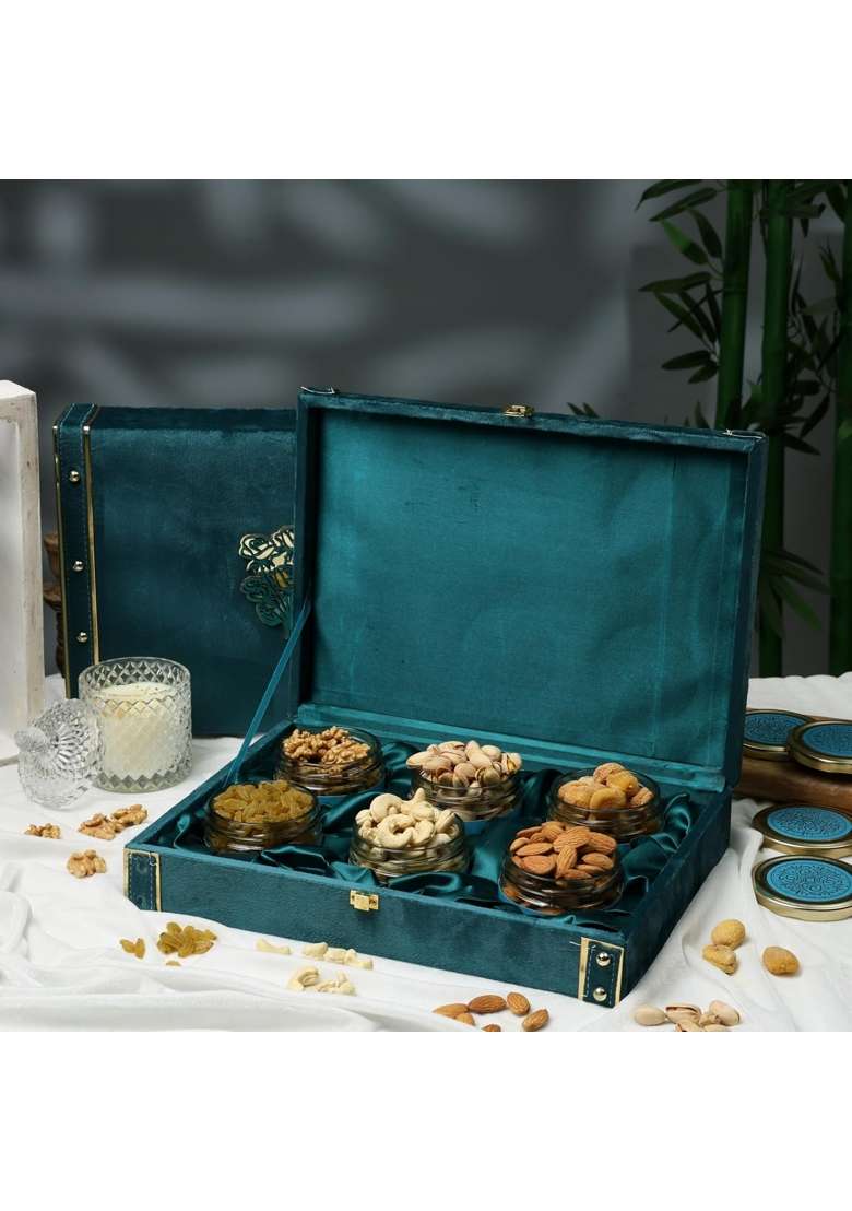 Riwaz Heritage Luxury Blue Velvet Dry Fruit Gift Box for Wedding Diwali Rakhi and Corporate Gifting - Indya