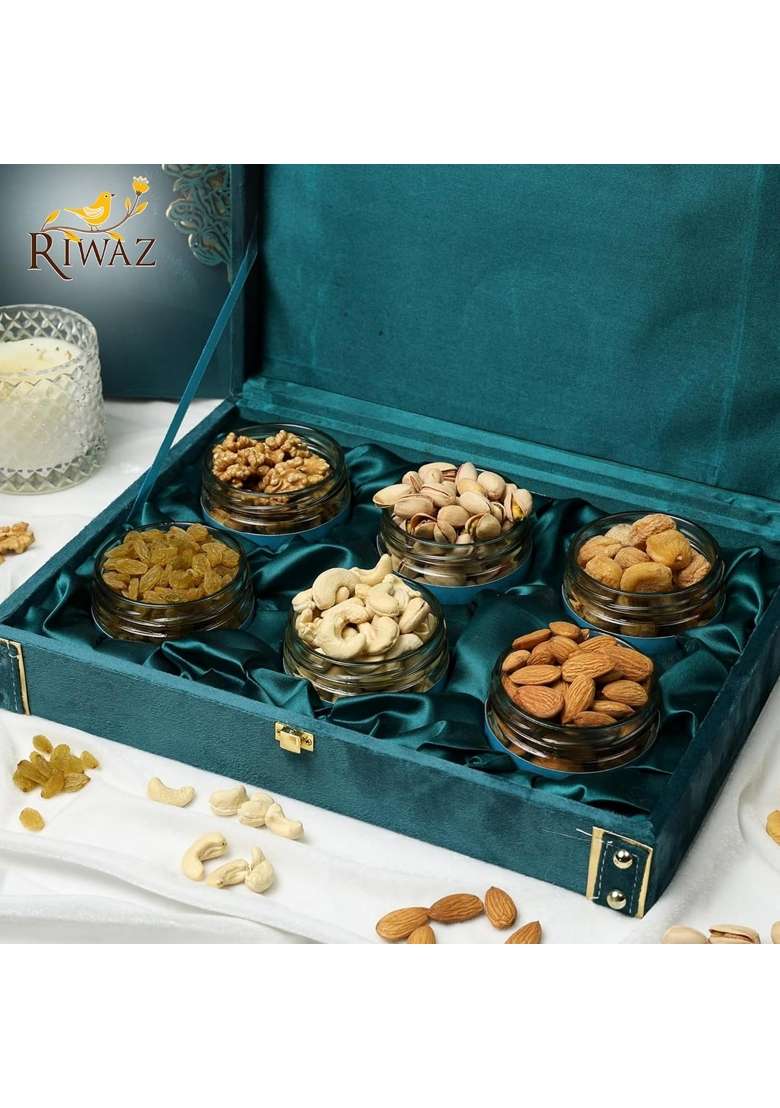 Riwaz Heritage Luxury Blue Velvet Dry Fruit Gift Box for Wedding Diwali Rakhi and Corporate Gifting - Indya