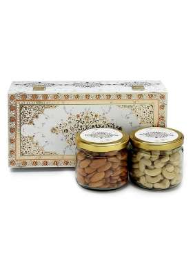 Goldsphere Global 2 Jar Dry Fruit Gift Hamper Almond Plus Cashew White Royal Wooden Box Premium Nuts Gift Pack