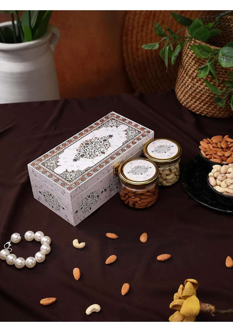 Goldsphere Global 2 Jar Dry Fruit Gift Hamper Almond Plus Cashew White Royal Wooden Box Premium Nuts Gift Pack - Indya