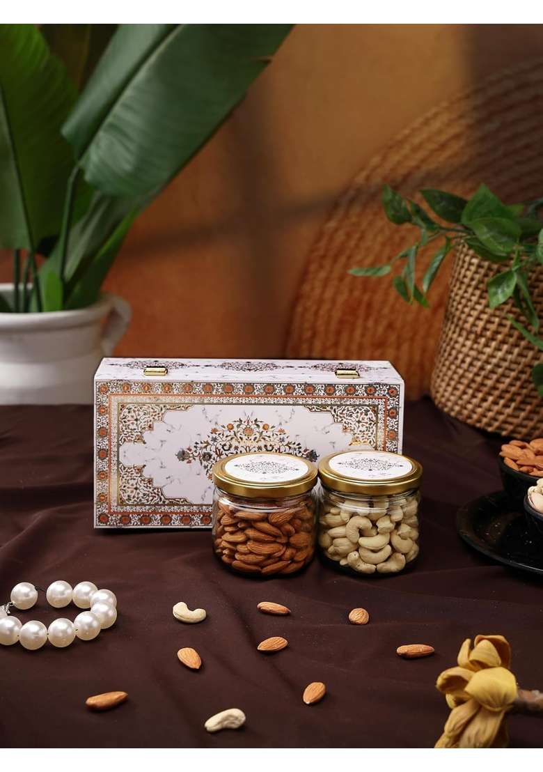 Goldsphere Global 2 Jar Dry Fruit Gift Hamper Almond Plus Cashew White Royal Wooden Box Premium Nuts Gift Pack - Indya