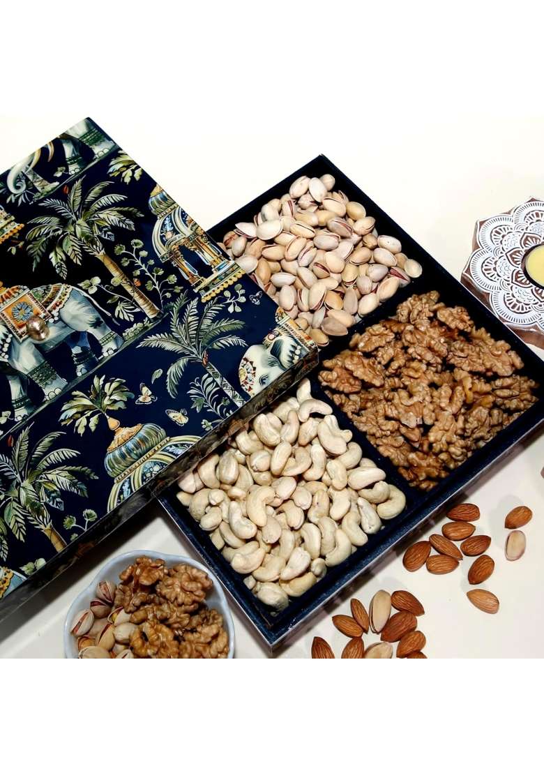 Riwaz Elite Royal Elephant Premium Dry Fruit Gift Box 4 Column Wooden Box with Almonds Cashews - Indya