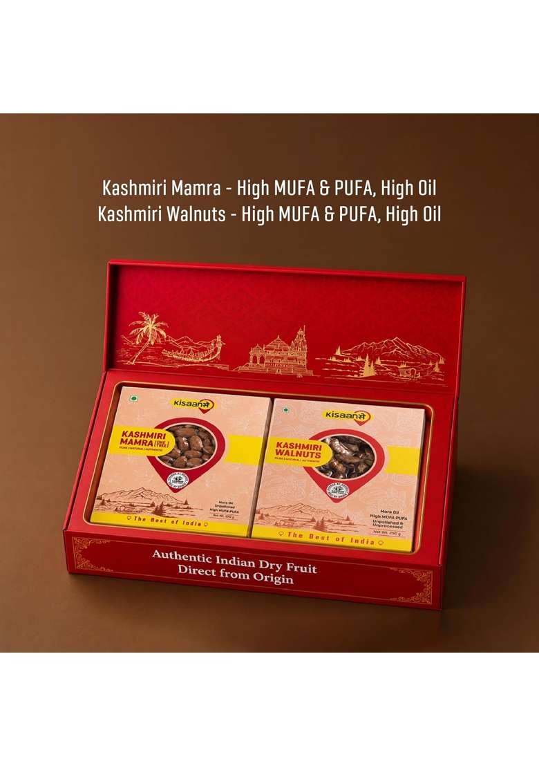 Kisaansay Indian Dry Fruit Gift Box Kashmiri Mamra and Walnuts - Indya