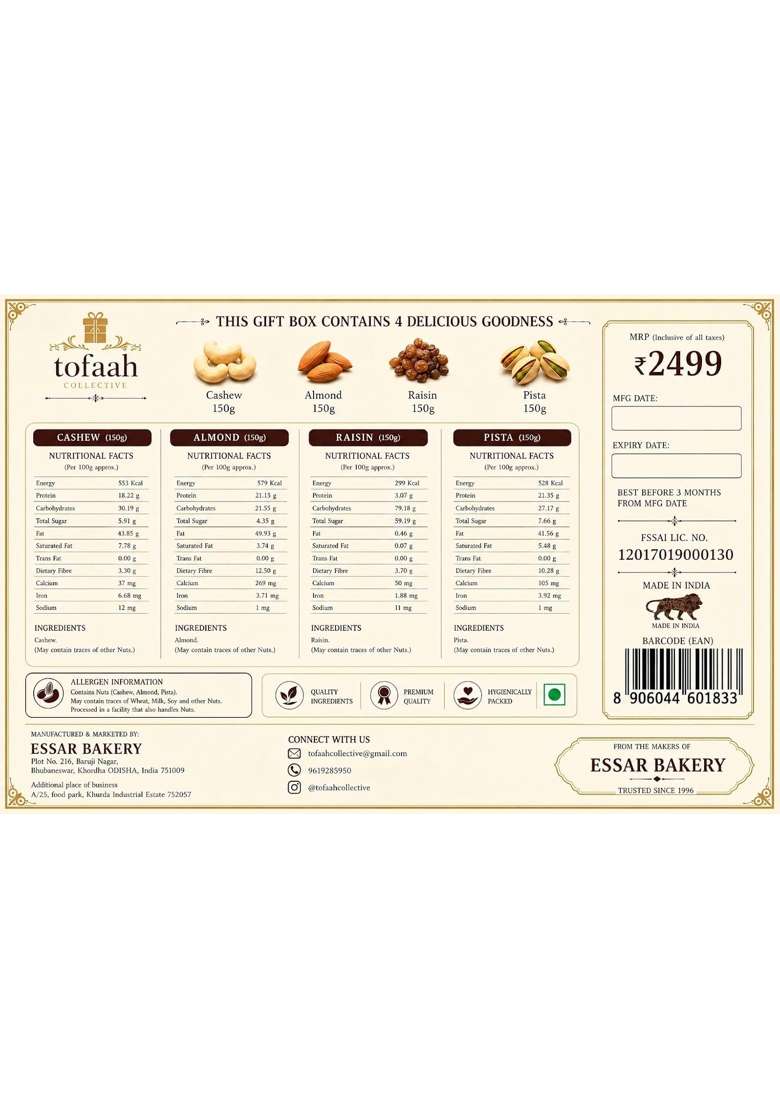 Essar Premium Mixed Dry Fruits Gift Box 600G Almond Cashew Pista Raisin - Indya