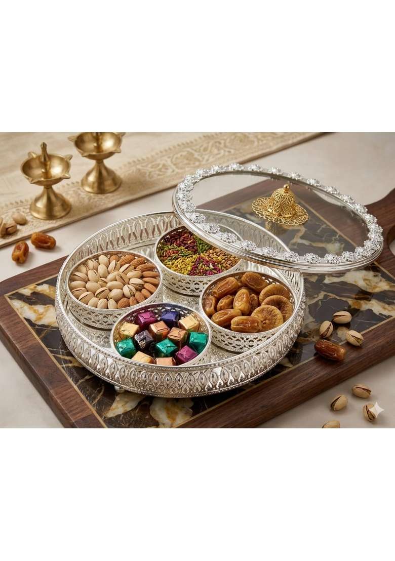 German Silver Dry Fruit Box with 4 Compartments Round Decorative Dry Fruit Storage Box - Indya