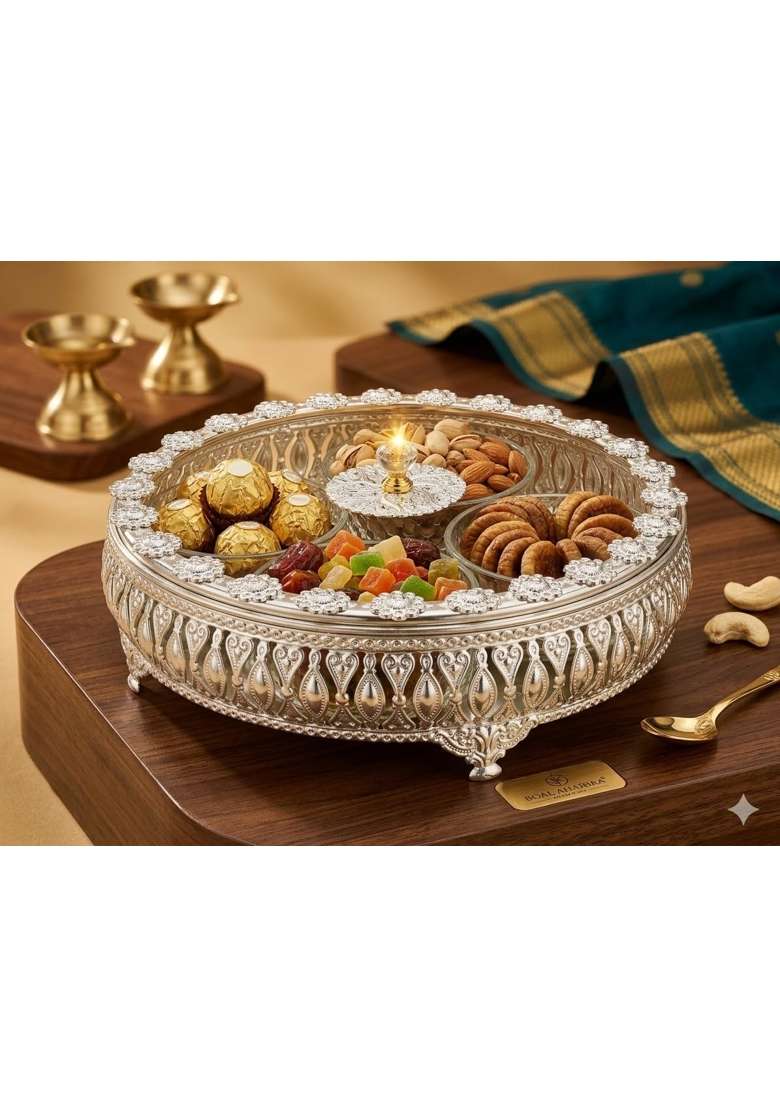 German Silver Dry Fruit Box with 4 Compartments Round Decorative Dry Fruit Storage Box - Indya