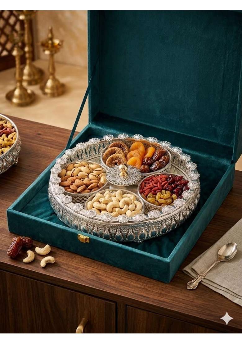 German Silver Dry Fruit Box with 4 Compartments Round Decorative Dry Fruit Storage Box - Indya