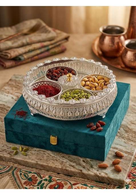 German Silver Dry Fruit Box with 4 Compartments Round Decorative Dry Fruit Storage Box