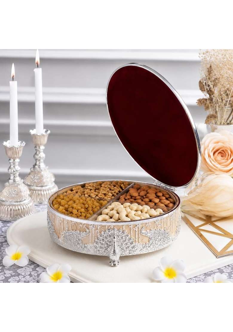 Dora Gifting German Silver Empty Dry Fruit Gift Box with Enemal Finish 4 Section - Indya