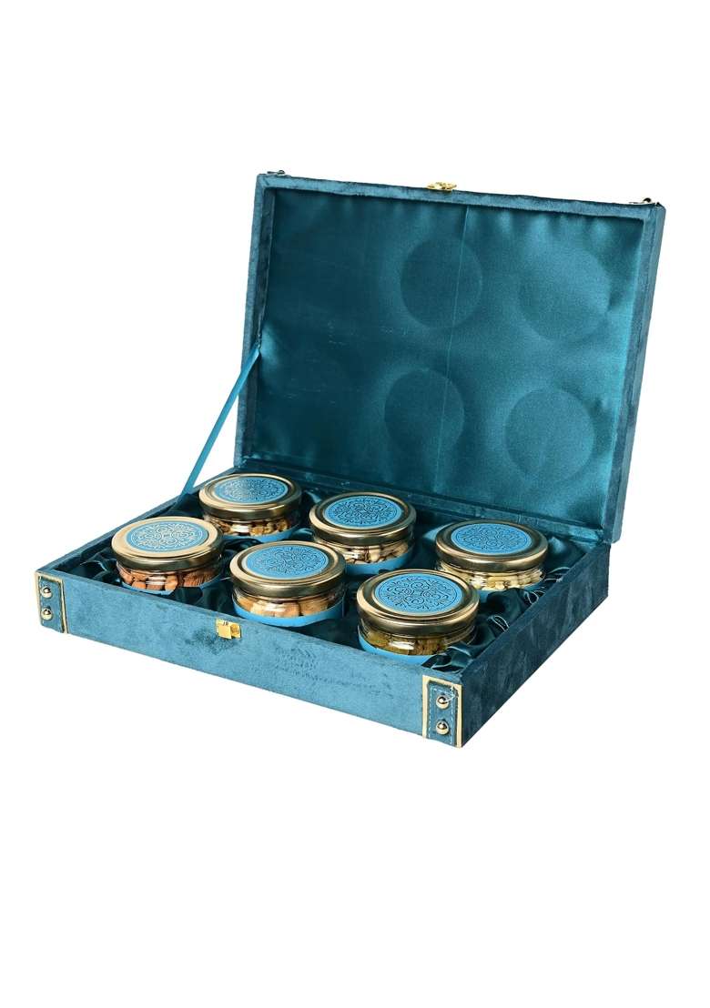 Sonature Blue Suede Design Dry Fruit Premium Gift Box Premium Gift Hamper Pack of 6 - Indya