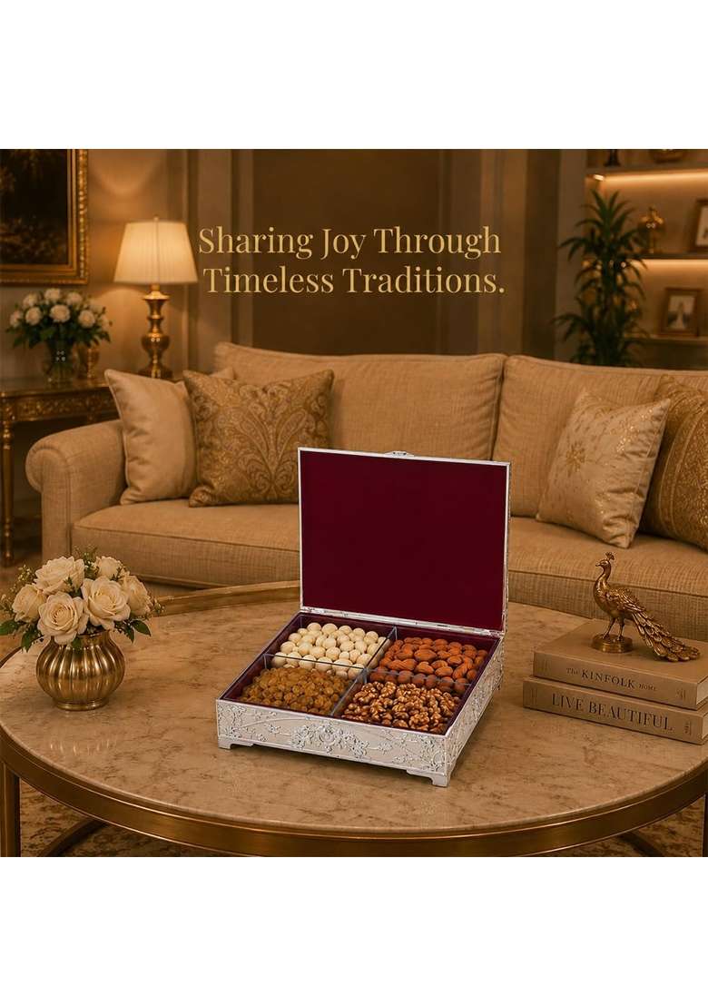 Diviniti Decorative Silver Embossed Dry Fruit Box with 4 Compartments - Indya