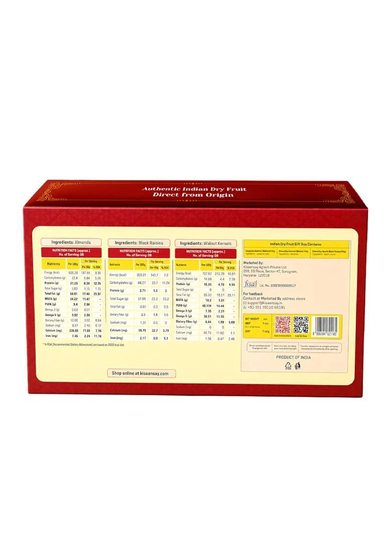 Kisaansay Red Indian Dry Fruit Gift Box 750 G Festive Dry Fruit Gift Pack of 3 - Indya