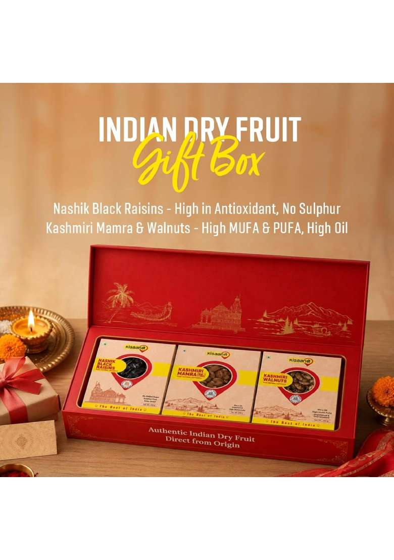 Kisaansay Red Indian Dry Fruit Gift Box 750 G Festive Dry Fruit Gift Pack of 3 - Indya
