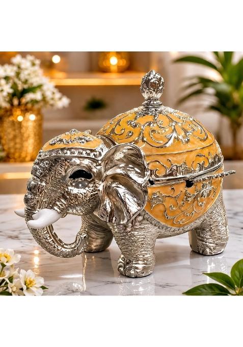 Shubh Kaaraj German Silver Elephant Decorative Storage Box with Orange Enamel Finish