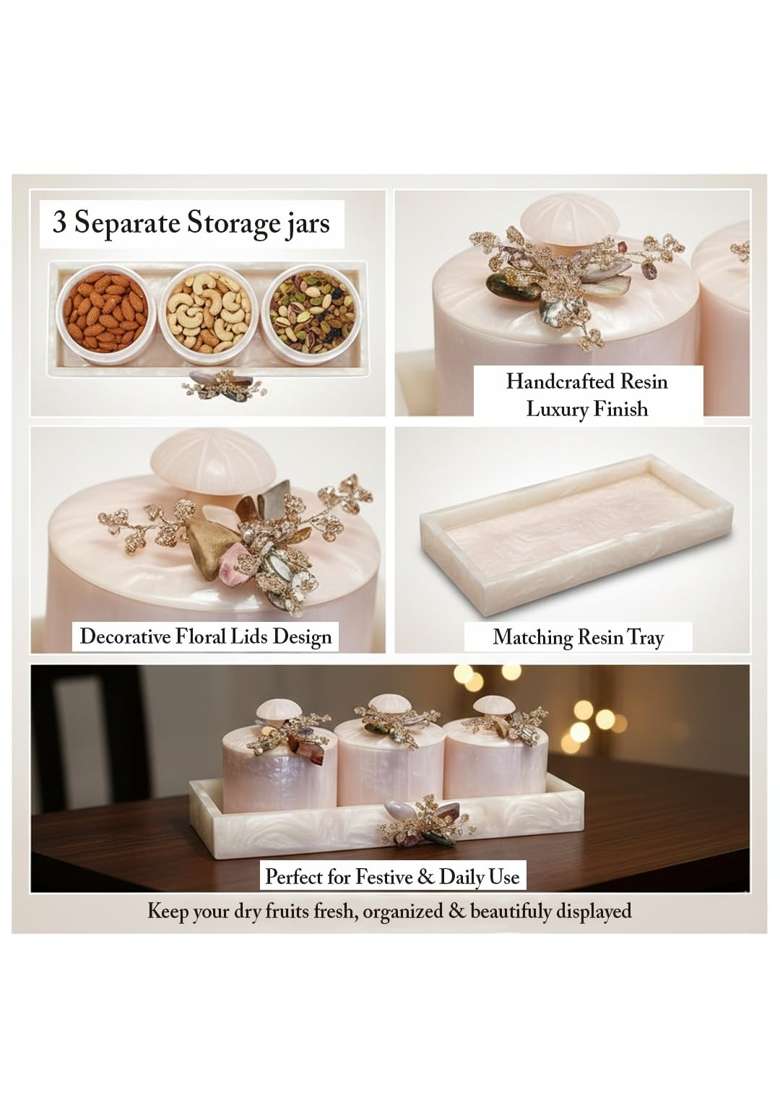Sajja Kreation White Decorative Dry Fruit Storage Box Set with Serving Tray - Indya