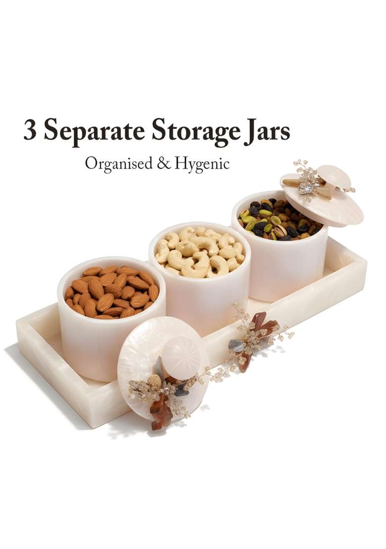 Sajja Kreation White Decorative Dry Fruit Storage Box Set with Serving Tray - Indya